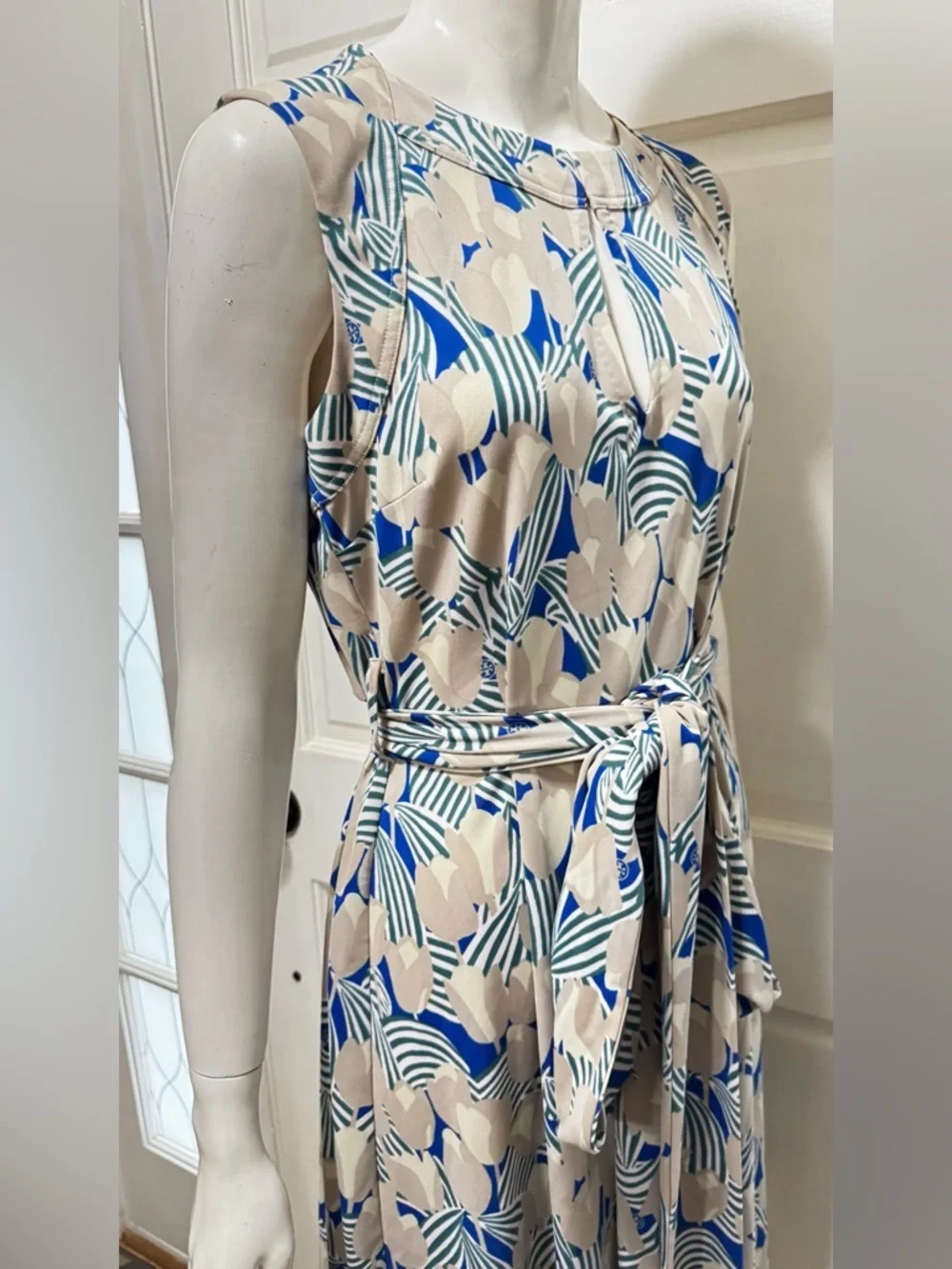 Tory Burch Blue & Beige Tulip Floral Maxi Dress with Self-Tie Waist Size Large
